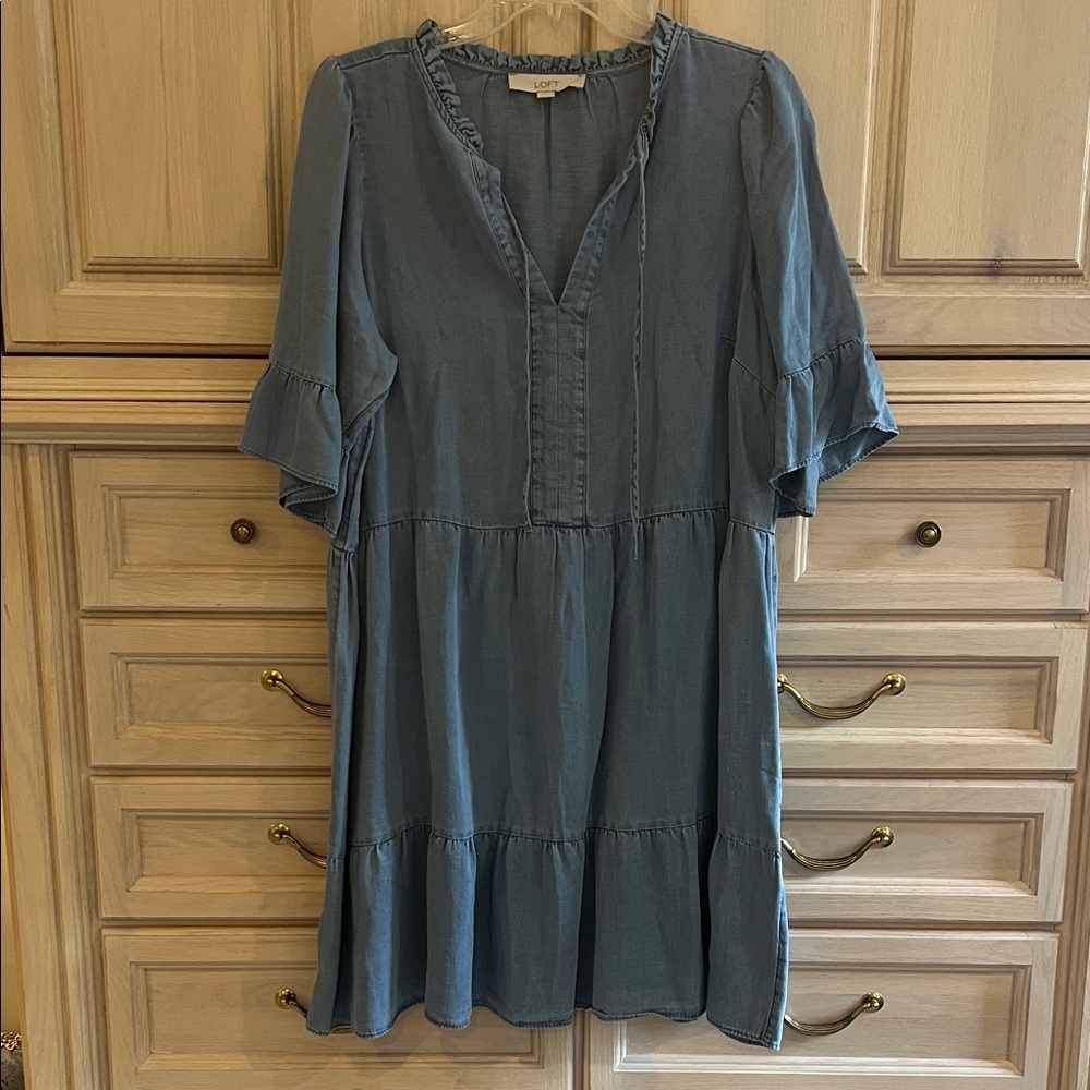 LOFT Chambray Blue Ruffle Dress